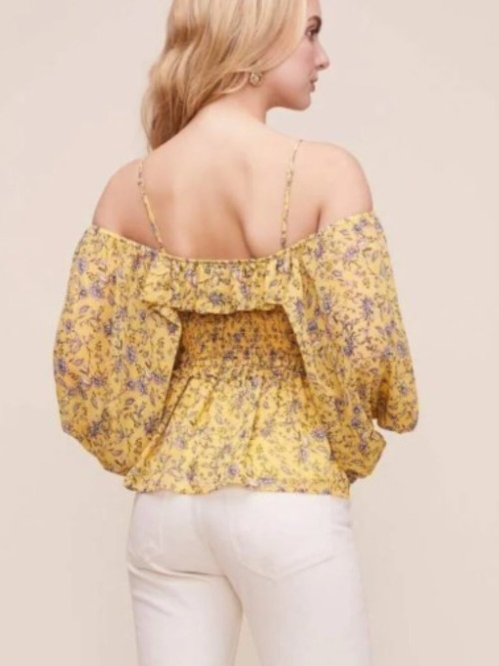 ASTR the Label Butter Yellow Ruffle Off the Shoulder Smocked Top Blouse